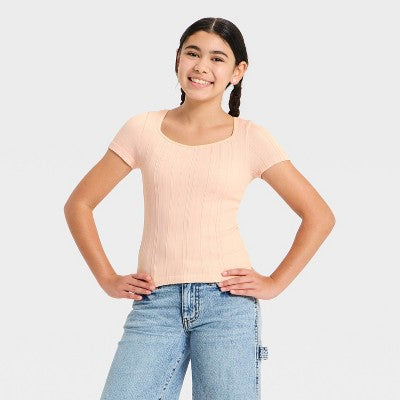 Girls' Short Sleeve Sweetheart Neck T-Shirt - art class Pink XL
