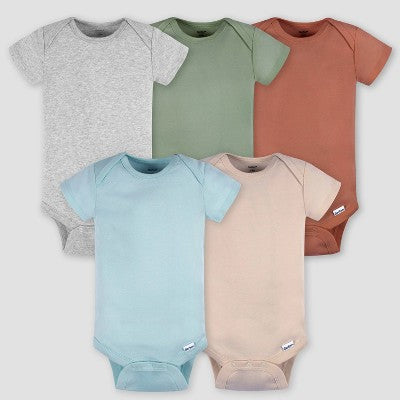 Gerber Baby 5pk Short Sleeve Onesie - 3-6M: Cotton Knit Bodysuits, Pullover & Crotch Snap