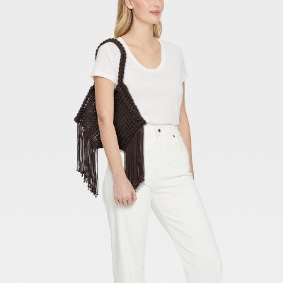 Hand Crafted Cotton Macrame Fringe Tote Bag - Universal Thread Brown