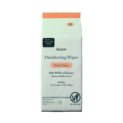 Biom Plastic Free Plant Based Disinfecting Wipes - Fresh Citrus - 60ct: Ammonia-Free, Aluminum-Free, Paraben-Free