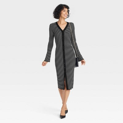 Women's Bell Long Sleeve Midi Sweater Dress - A New Day Black Striped S: Heavyweight Viscose Nylon, Ribbed Cuff, V Neck