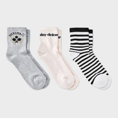 Women's Pickleball "Day Dinker" Cushioned Striped 3pk Mid Crew Socks - Universal Thread Heather Gray/Black/Pink 4-10: Cotton Blend