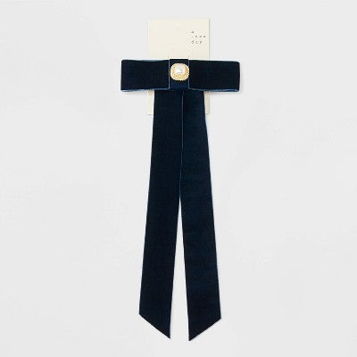 Velvet Bow with Pearl Center Hair Barrette - A New Day Navy Blue