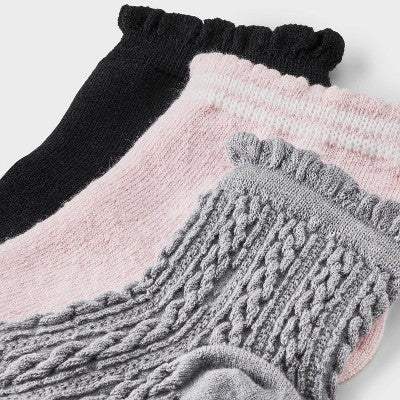 Women's Pointelle 3pk Ankle Socks with Scallop Cuff - Auden Pink/Black/Heather Gray 4-10: Midweight Knit, Rib Cuffs, Ruffle Trim
