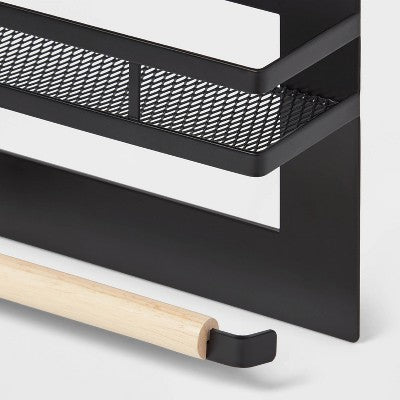 Metal Magnetic Side of Fridge Organizer with Mesh Shelf with Powder Coated Finish Black - Brightroom
