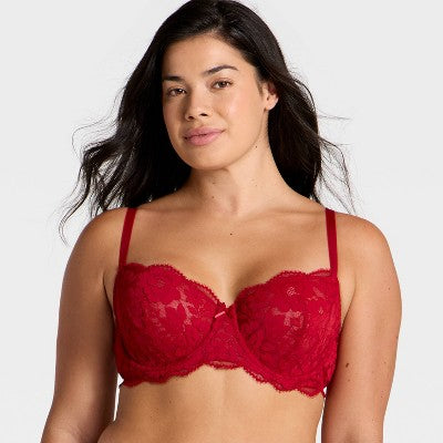 Women's Lace Unlined Straight Neck Balconette Bra - Auden Red 34A