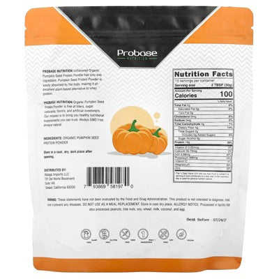 Probase Nutrition Organic Pumpkin Seed Protein Powder, Unflavored, 1 lb