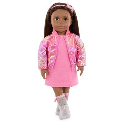 Our Generation Splash of Pink Metallic Bomber Jacket & Dress Outfit for 18'' Dolls: Girl's Doll Clothing for Home and Family