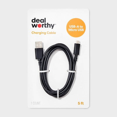 5' USB-A to Micro-USB Cable - dealworthy Black: Male-to-Male Connection, 5ft Length, 0.1lb Weight