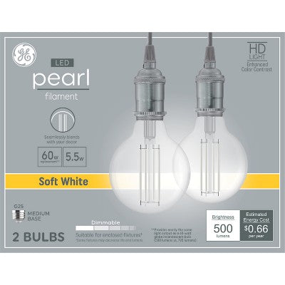 GE Household Lighting 60W LED G25 Pearl RLX CL 2ct Soft White
