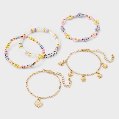 Girls' 5pk Daisies Bracelet - art class: Beaded, Chain, Stretch, Lobster Claw Clasp, 6.5" Length