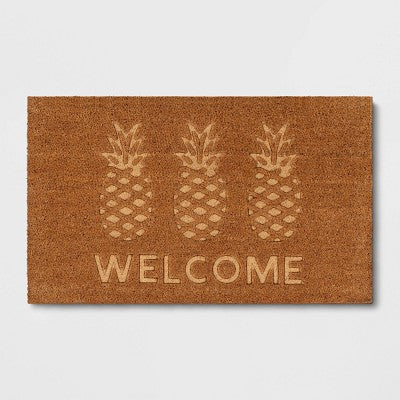 1'6"x2'6" 'Welcome' Pineapple Doormat Natural - Threshold: Outdoor Coir Door Mat, Summer Fruit Design