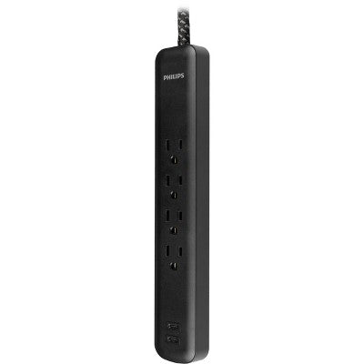 Philips 4 ft Surge Protector 4 Outlet 2 USB-C 15W Shared 450J Braided Cord Flat Plug - Black