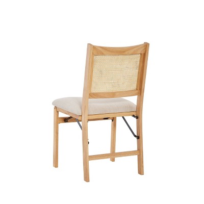 Bayley Rattan Back Fabric Folding Chair Natural - Powell: Linen Upholstered, Rubberwood Frame, No Assembly Required (LOCAL PICKUP ONLY)