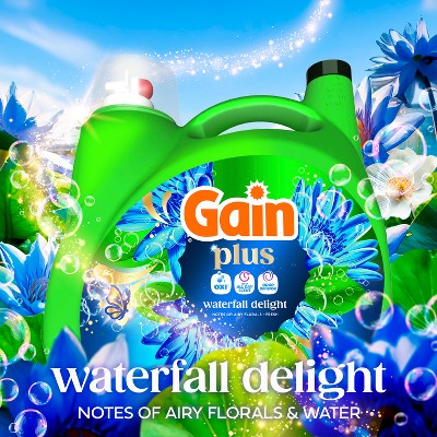 Gain Waterfall Delight Plus Liquid Laundry Detergents 75 Loads - 99oz: Cold Water Detergent, Spill-Resistant Lid