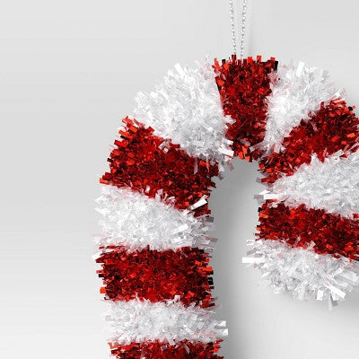 Christmas Red White Tinsel Wrapped Plastic Candy Cane - Wondershop