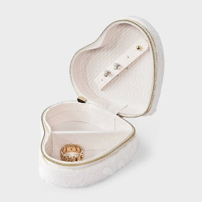 Embroidered Molded Heart Travel Jewelry Case - A New Day White