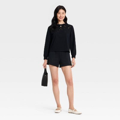 Women's Knit Eyelet Leisure Shorts - A New Day Black XS