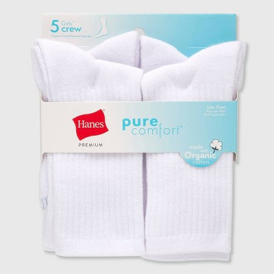 Hanes Premium Girls' Pure 5pk Crew Socks White M