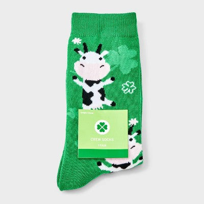 Women's Lucky Cow St. Patrick's Day Crew Socks - Green 4-10
