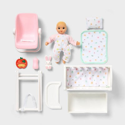8" Little Baby Doll Set - Blonde Hair + Blue Eyes - Gigglescape: Plastic PVC Toy, 10 Pieces