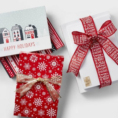 2.5" Faux Linen Winter Sayings Ribbon Red/White 21ft - Wondershop