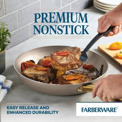 Farberware Radiant 12" Nonstick Open Skillet: Dishwasher-Safe, Gas & Electric Compatible, Phenolic Handle, Beige