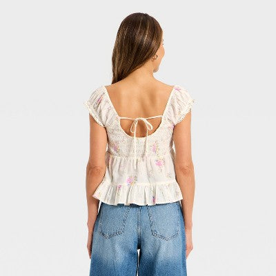 Women's Puff Short Sleeve Pintuck V-Neck Blouse - Universal Thread Cream Floral M