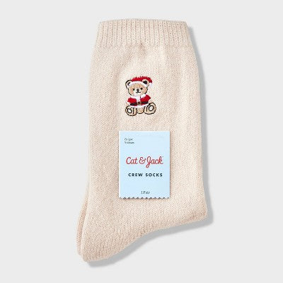 Girls' Embroidered Christmas Teddy Bear Sweater Crew Socks - Cat & Jack Oatmeal L