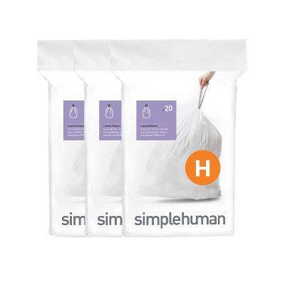 simplehuman 30-35L Code H Custom Fit Kitchen Trash Bag Liners 3 Quick Dispense Packs - 60ct: Tall Kitchen, Drawstring, White