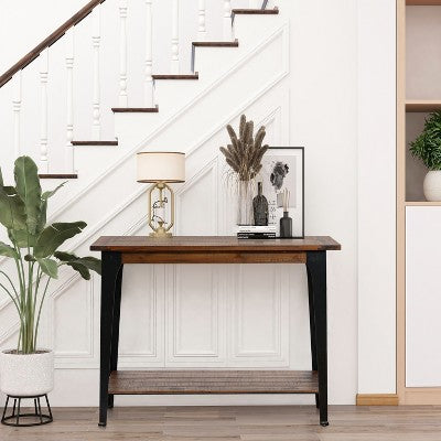 LuxenHome Dark Brown Wood and Black Metal 1-Shelf Console and Entry Table (LOCAL PICKUP ONLY)
