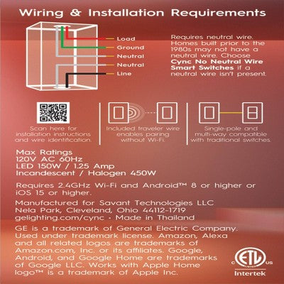 GE Household Lighting Cync Neutral Travel Wire Paddle Dimmer Switch