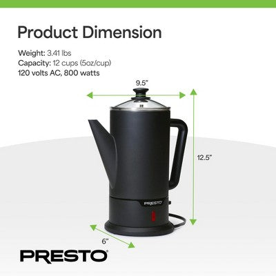 Presto 02815 Cordless Coffee Maker Stainless Steel Percolator, Easy Pour, Black