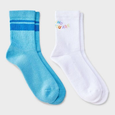 Women's "Love Who You Are" Cushioned Ribbed 2pk Mid Crew Socks - White/Blue 4-10