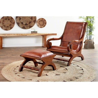 Traditional Teak Wood Accent Chair with Arms and Ottoman Brown - Olivia & May: Leather Upholstered, No Assembly Required (LOCAL PICKUP ONLY)