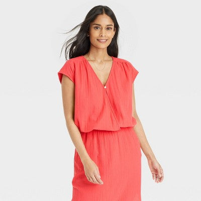Women's Short Sleeve Blouse - Universal Thread Coral Red M