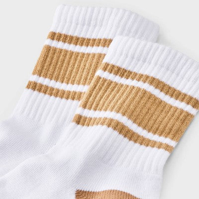 Women's Game Day Varsity Stripe Ribbed Cushioned Mid Crew Socks - Wild Fable White/Gold 4-10