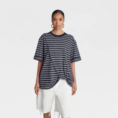 KBB by KAHLANA Women's 'The Asymmetric Hem - Navy Blue Striped S