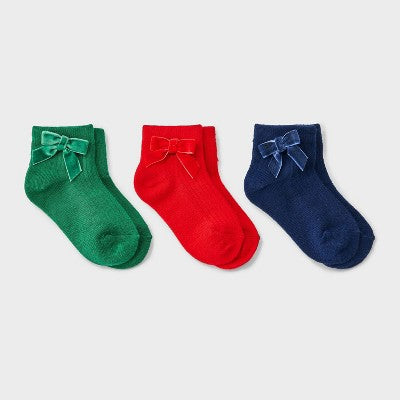 Toddler Girls' 3pk Velvet Bows Ankle Socks - Cat & Jack 2T-3T
