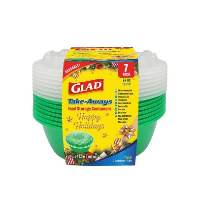 Glad Take-Aways Food Storage Containers, Holiday Wreath, Round - Green - 24oz - 7sets/14pcs