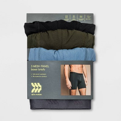 Men's Jersey Mesh Performance 3pk Boxer Briefs - All In Motion Black/Olive/Stability Blue L