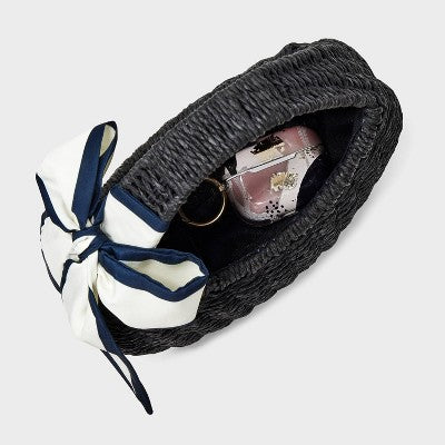 Straw Mini Bag with Bow - A New Day Black: Woven Paper Straw, Structured Shoulder Handbag, Single Handle, Solid Pattern