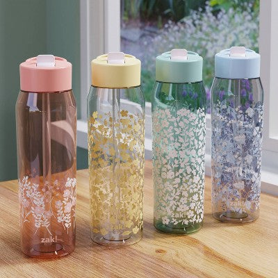 Zak Designs 32oz Frost Floral Manual Straw Bottle Blue