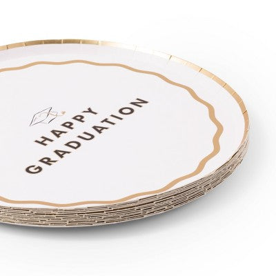 Bonjour Fete 12ct Happy Graduation Snack Paper Plates White and Gold