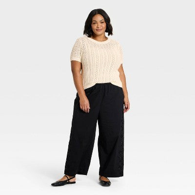 Women's Short Sleeve Crochet Sweater Top - A New Day Cream 1X