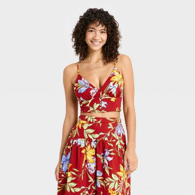 Women's Luxe Linen Corset Top - A New Day Red Floral M