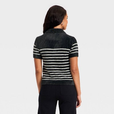 Women's Short Sleeve Polo Collar Fuzzy Polo T-Shirt - A New Day Black Striped M