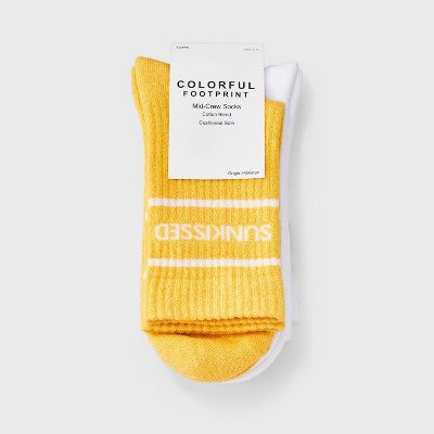 Women's "Sunkissed" Cushioned Ribbed 2pk Mid Crew Socks - Yellow/White/Brown 4-10
