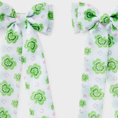 St. Patrick's Day Clover Print Hair Bow Clip Set 2pc - White/Green