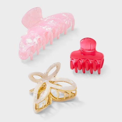 Flower Solid Claw Hair Clip Set 3pc - A New Day Pink: Floral Pattern, Acrylic & Zinc, Hair Styling Accessory